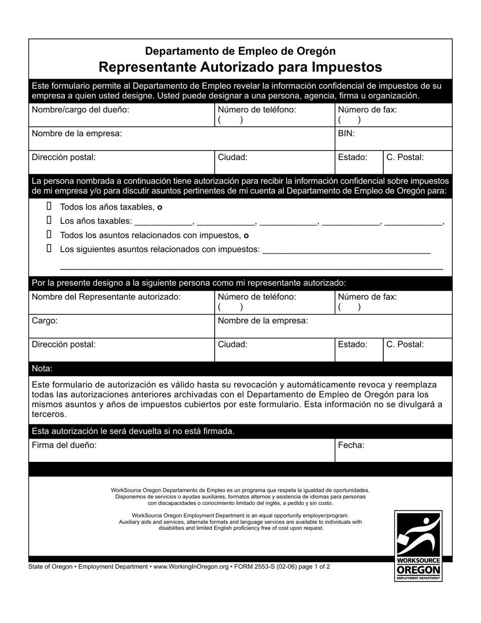 Formulario 2553-S Representante Autorizado Para Impuestos - Oregon (Spanish), Page 1
