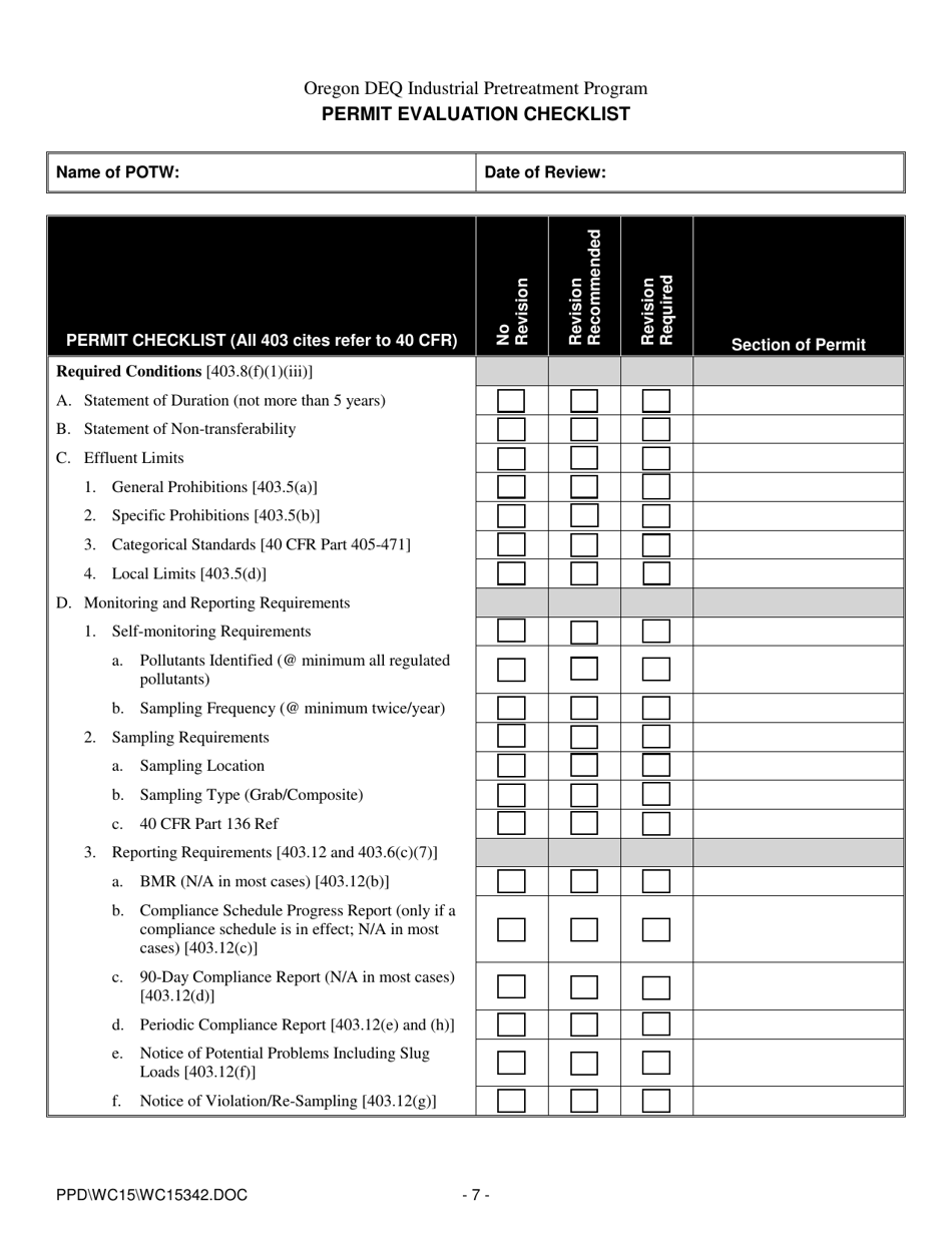 Permit Evaluation Checklist - Oregon, Page 1
