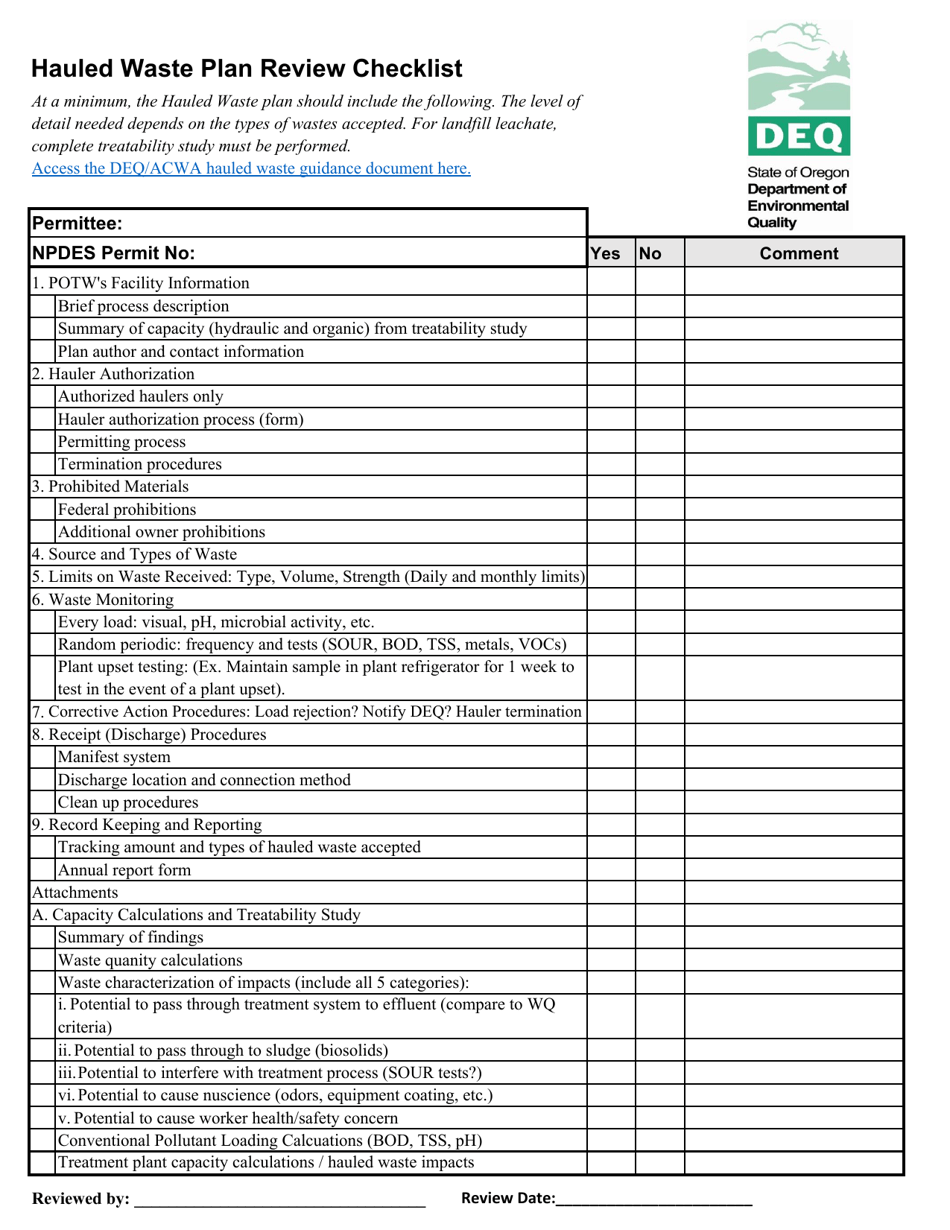 Hauled Waste Plan Review Checklist - Oregon, Page 1