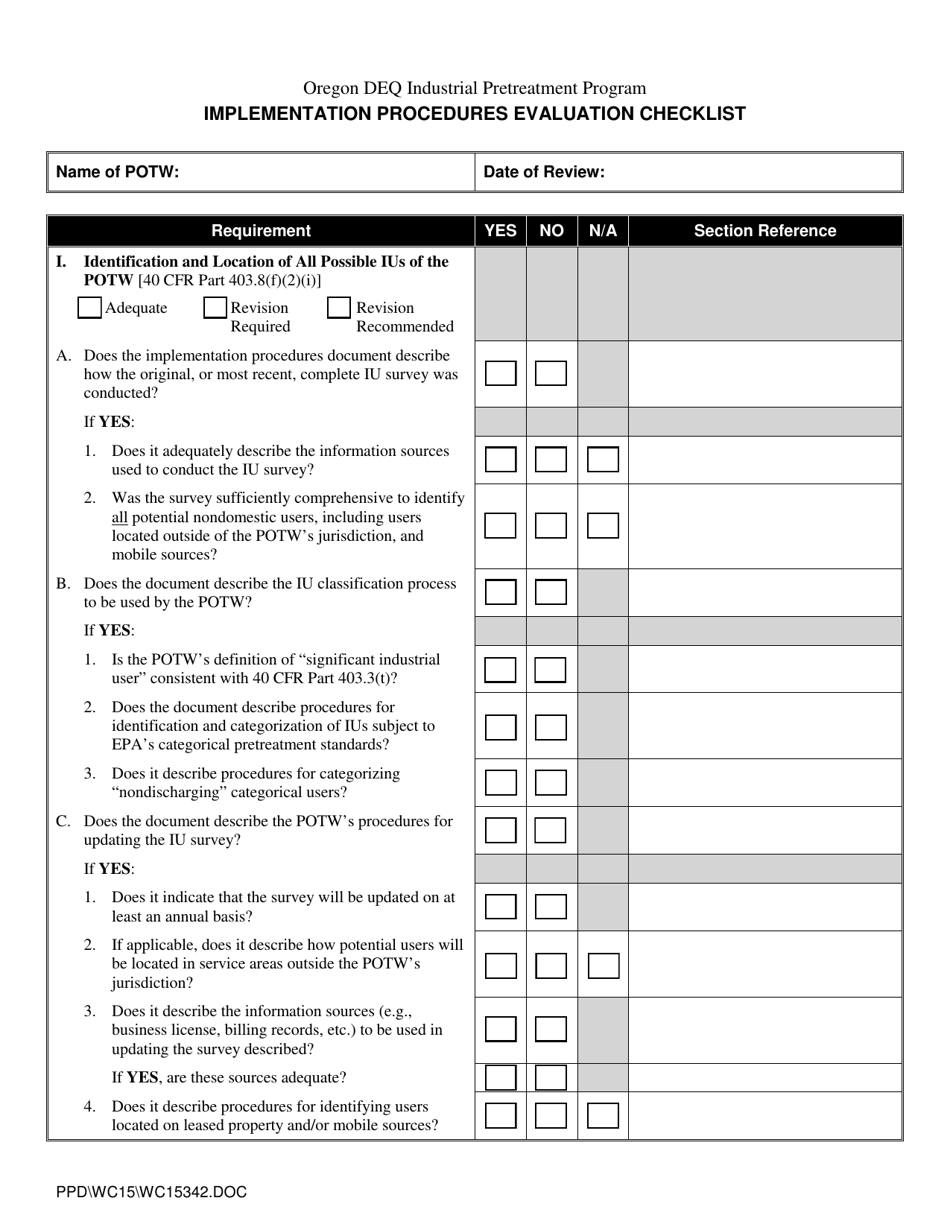 Implementation Procedures Evaluation Checklist - Oregon, Page 1