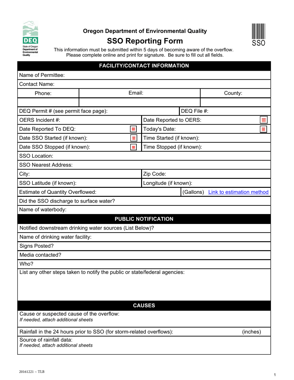 Sso Reporting Form - Oregon, Page 1