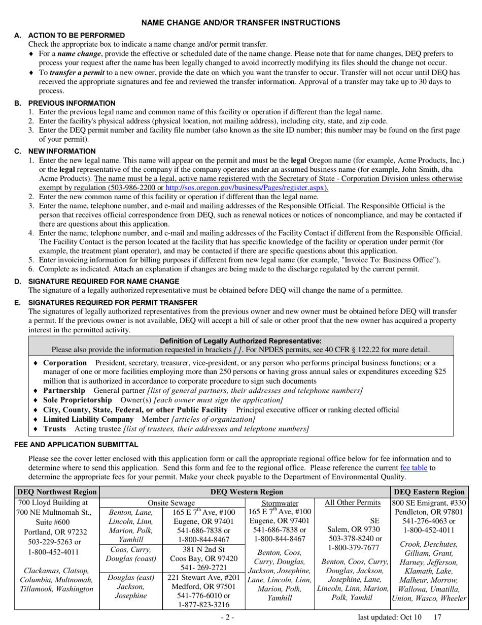 Name Change and / or Permit Transfer - Npdes or Wpcf Permit - Oregon, Page 2