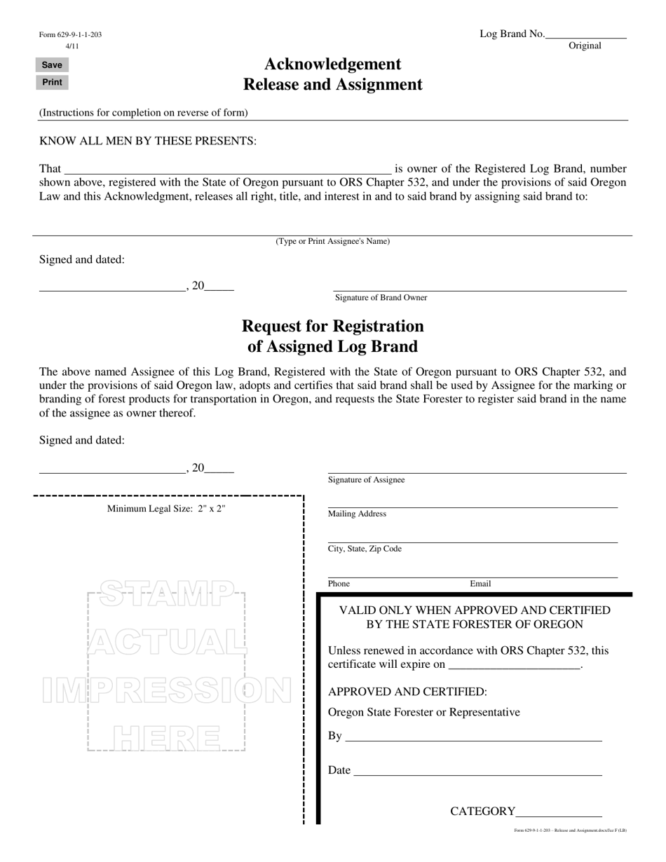 Form 629-9-1-1-203 Acknowledgement Release and Assignment - Oregon, Page 1