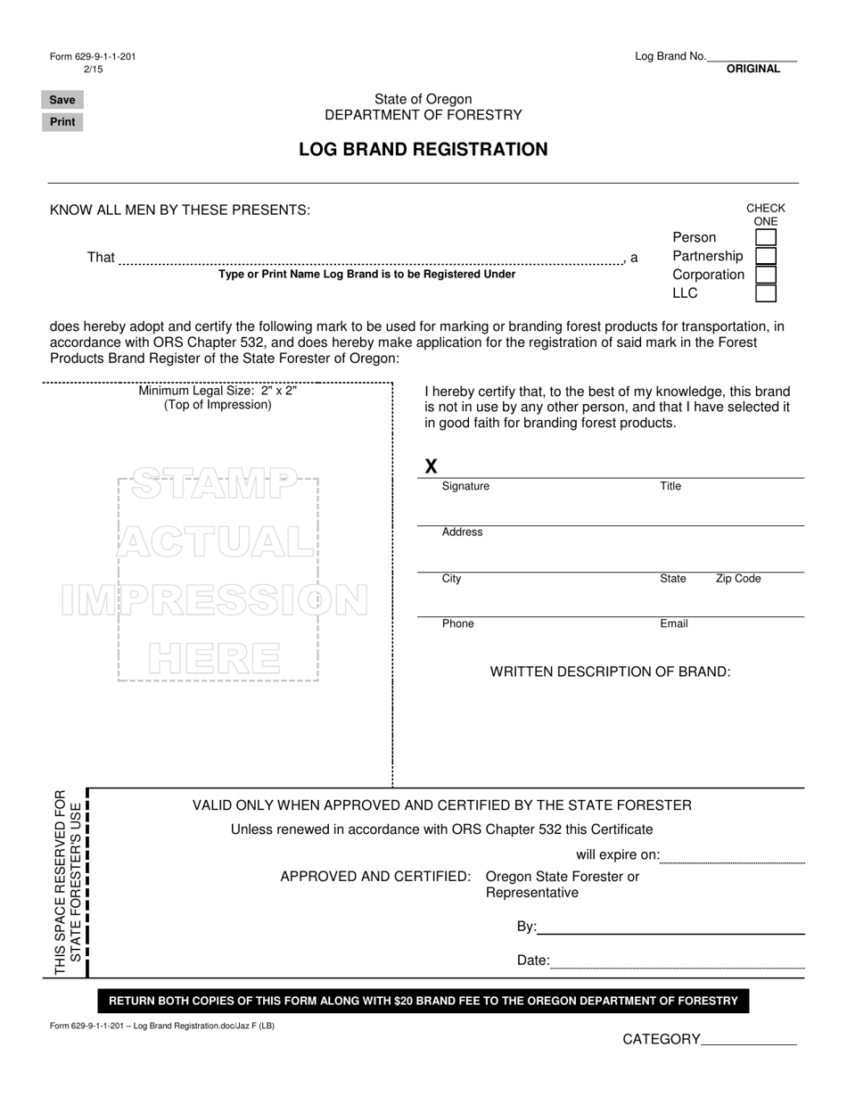 Form 629-9-1-1-201 Log Brand Registration - Oregon, Page 1