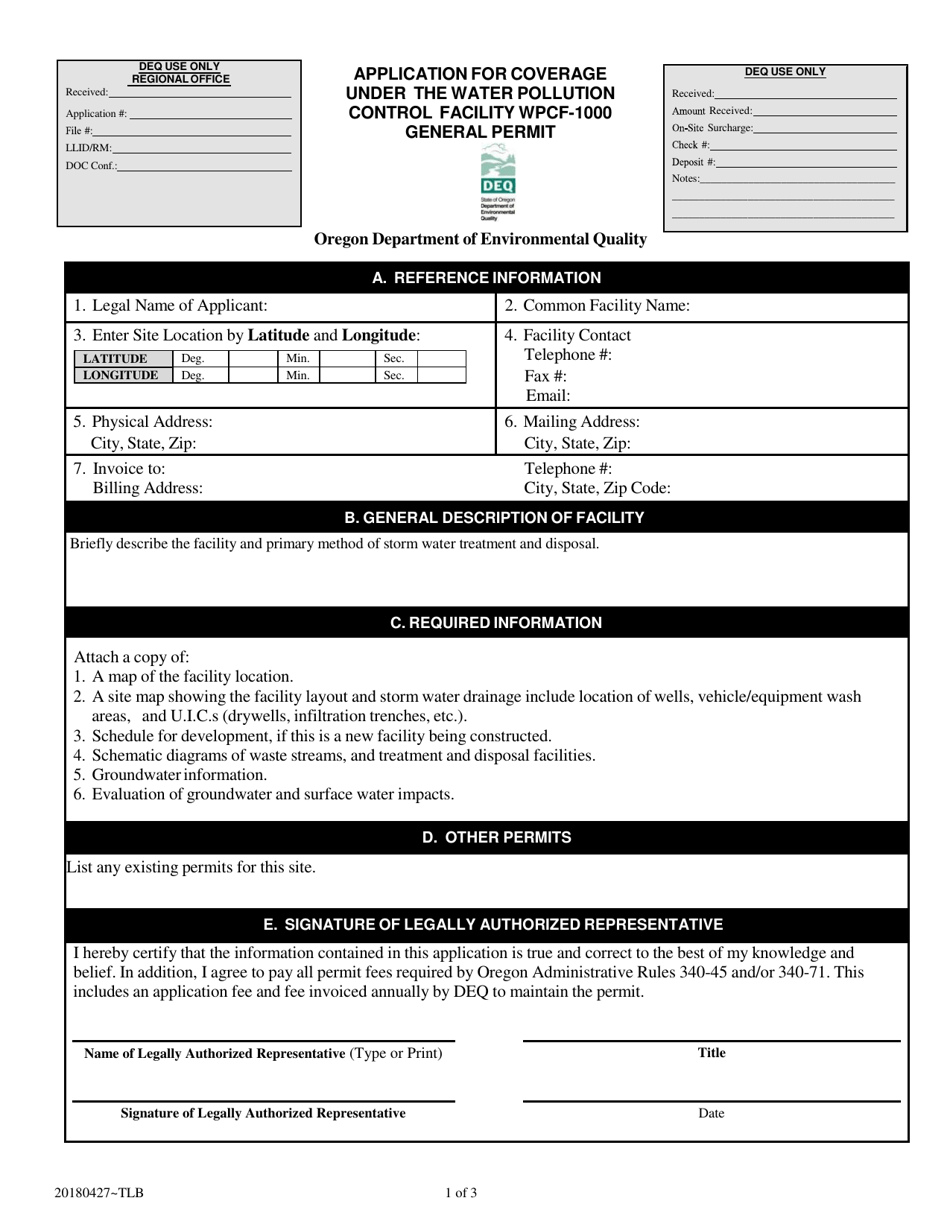 Application for Coverage Under the Water Pollution Control Facility Wpcf-1000 General Permit - Oregon, Page 1