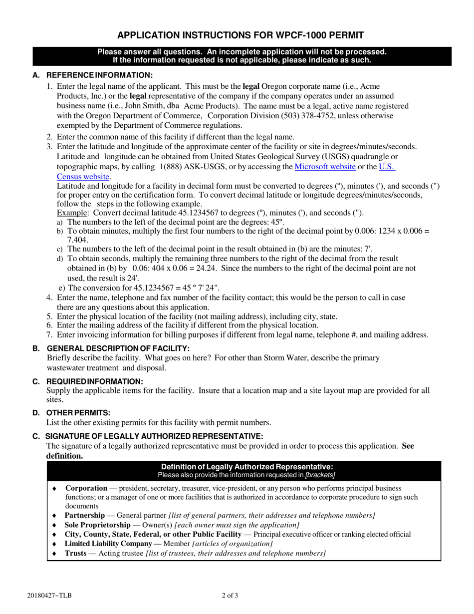 Application for Coverage Under the Water Pollution Control Facility Wpcf-1000 General Permit - Oregon, Page 2