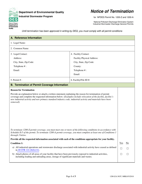 &quot;Notice of Termination for Npdes Permit No.1200-z and 1200-a&quot; - Oregon Download Pdf