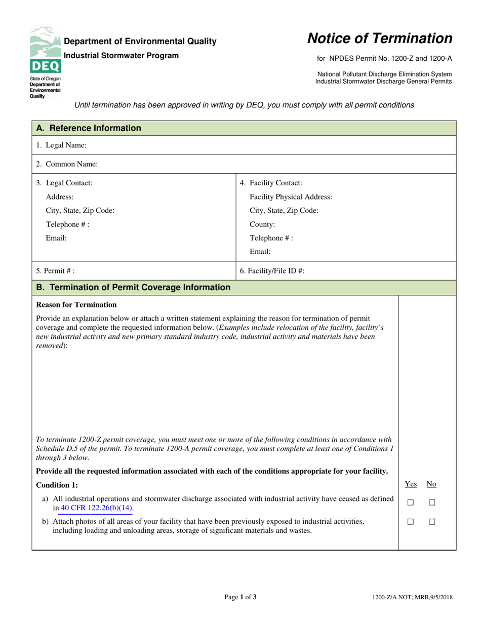Notice of Termination for Npdes Permit No.1200-z and 1200-a - Oregon, Page 1
