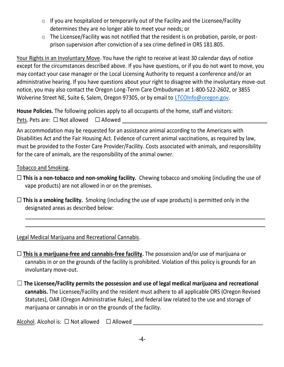 Oregon Residency Contract and Notification of Policies, Rights and