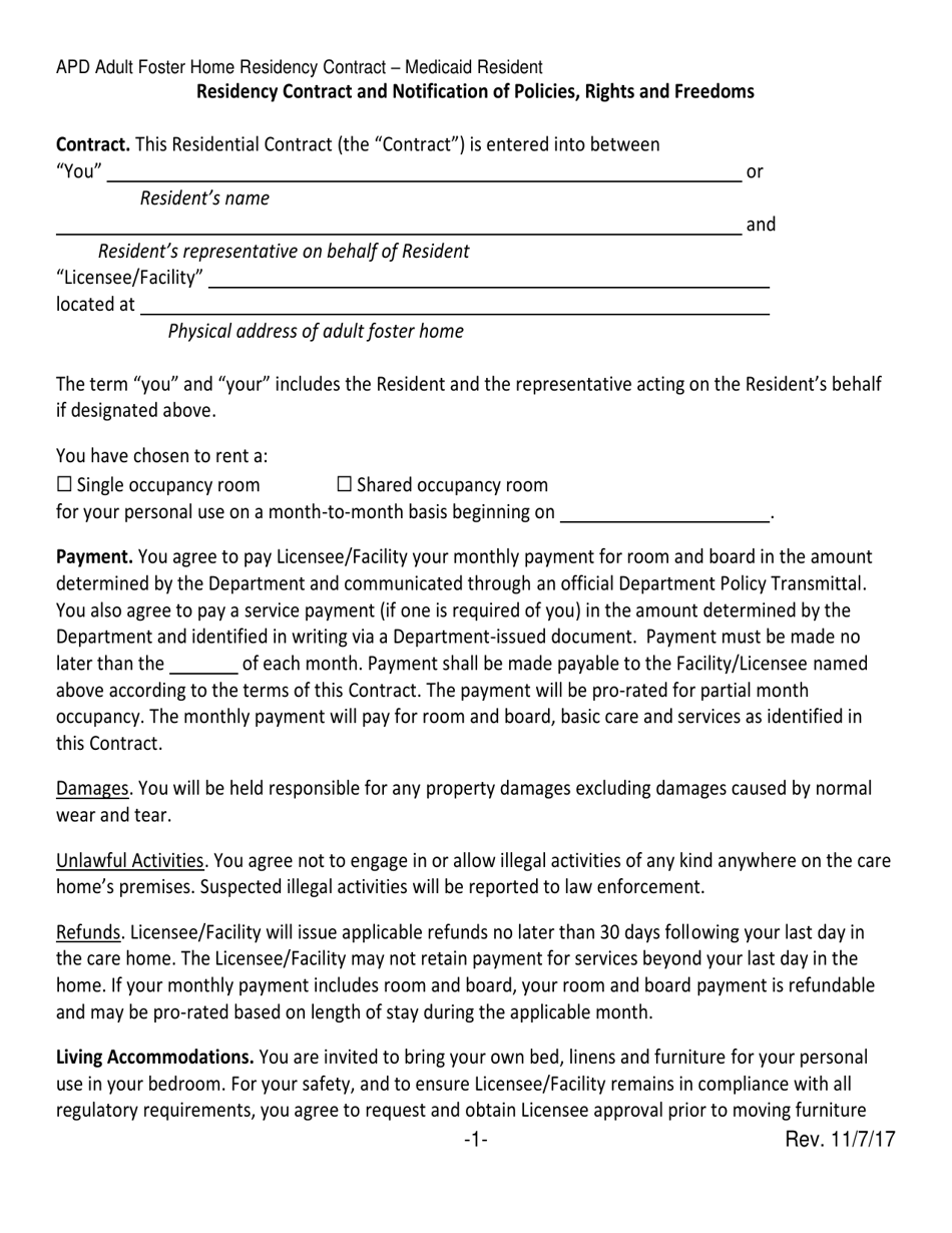 Oregon Residency Contract and Notification of Policies, Rights and