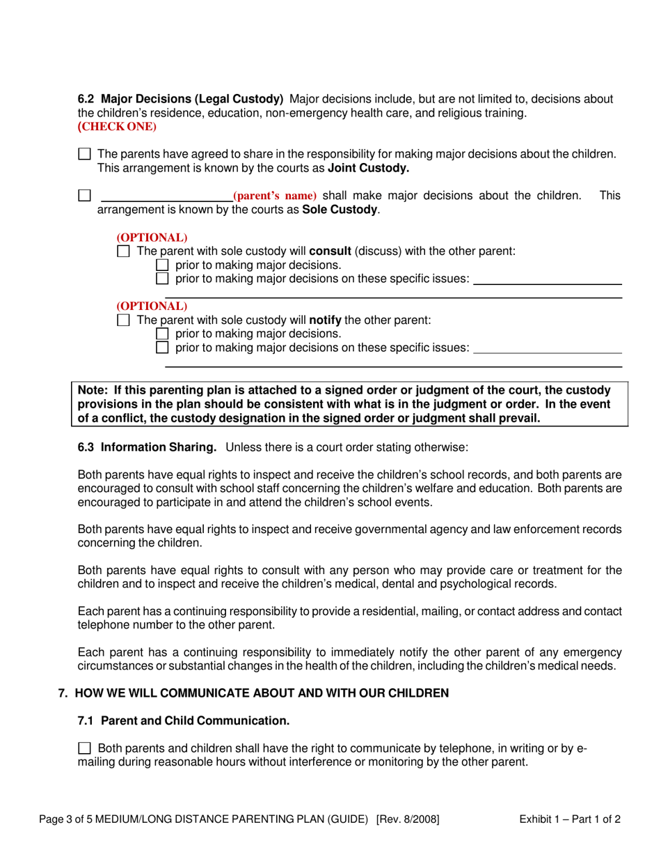 Exhibit 1 Medium / Long Distance Parenting Plan - Oregon, Page 3