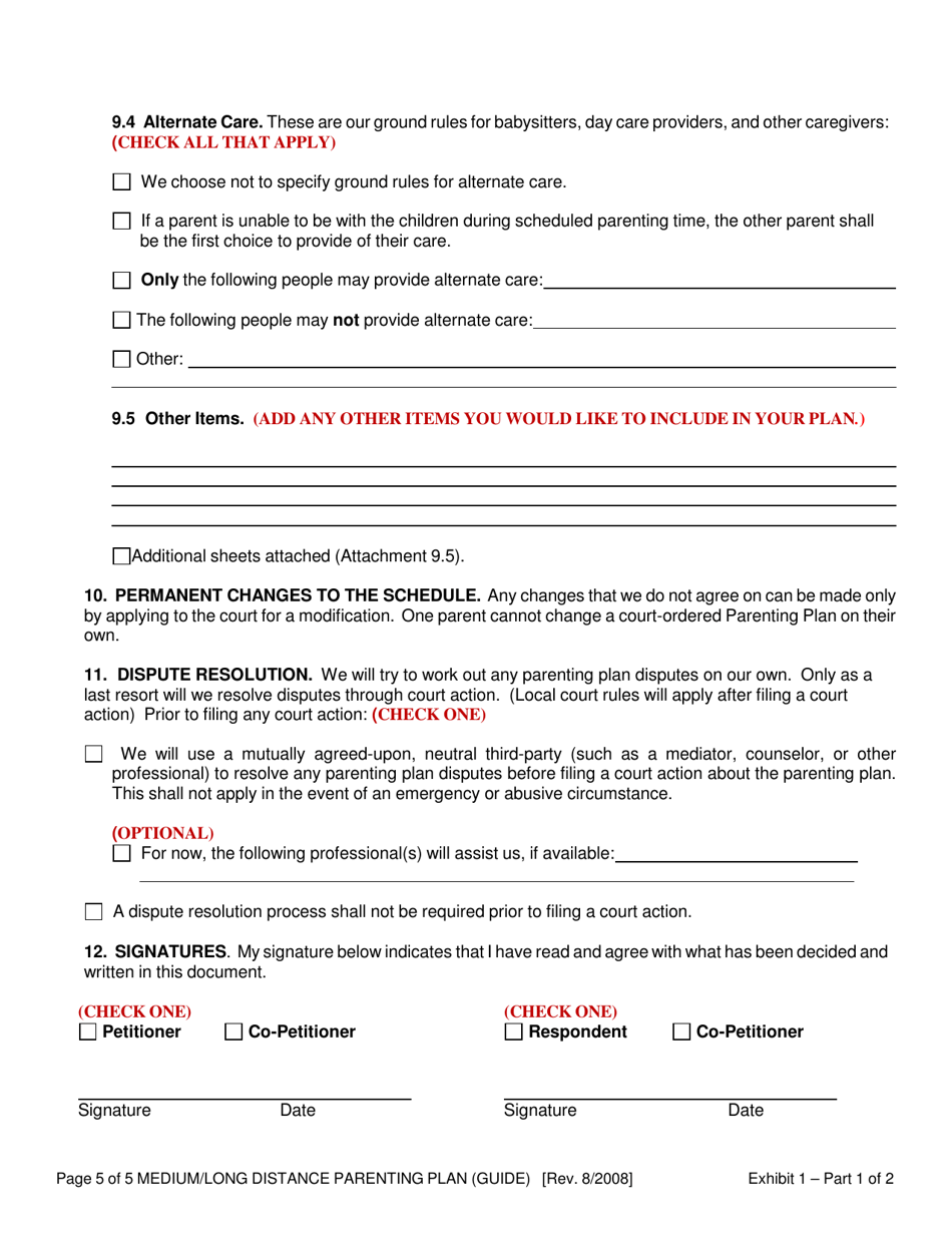 Exhibit 1 Medium / Long Distance Parenting Plan - Oregon, Page 5