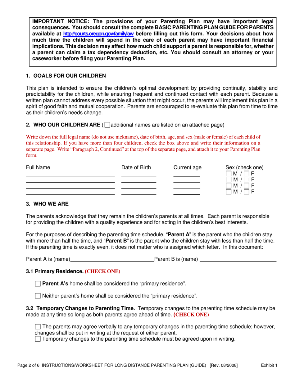 Download Instructions for Exhibit 1 Medium/Long Distance Parenting Plan