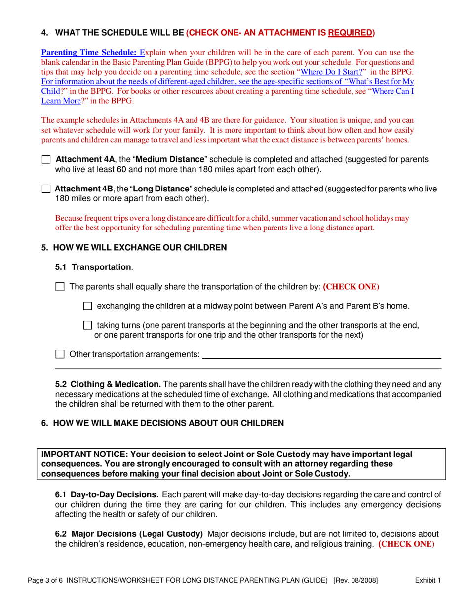 Instructions for Exhibit 1 Medium / Long Distance Parenting Plan - Oregon, Page 3