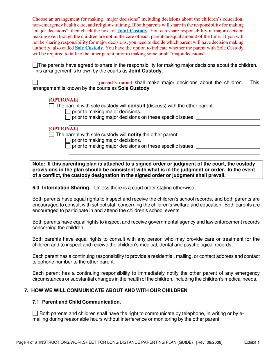Instructions for Exhibit 1 Medium / Long Distance Parenting Plan - Oregon, Page 4