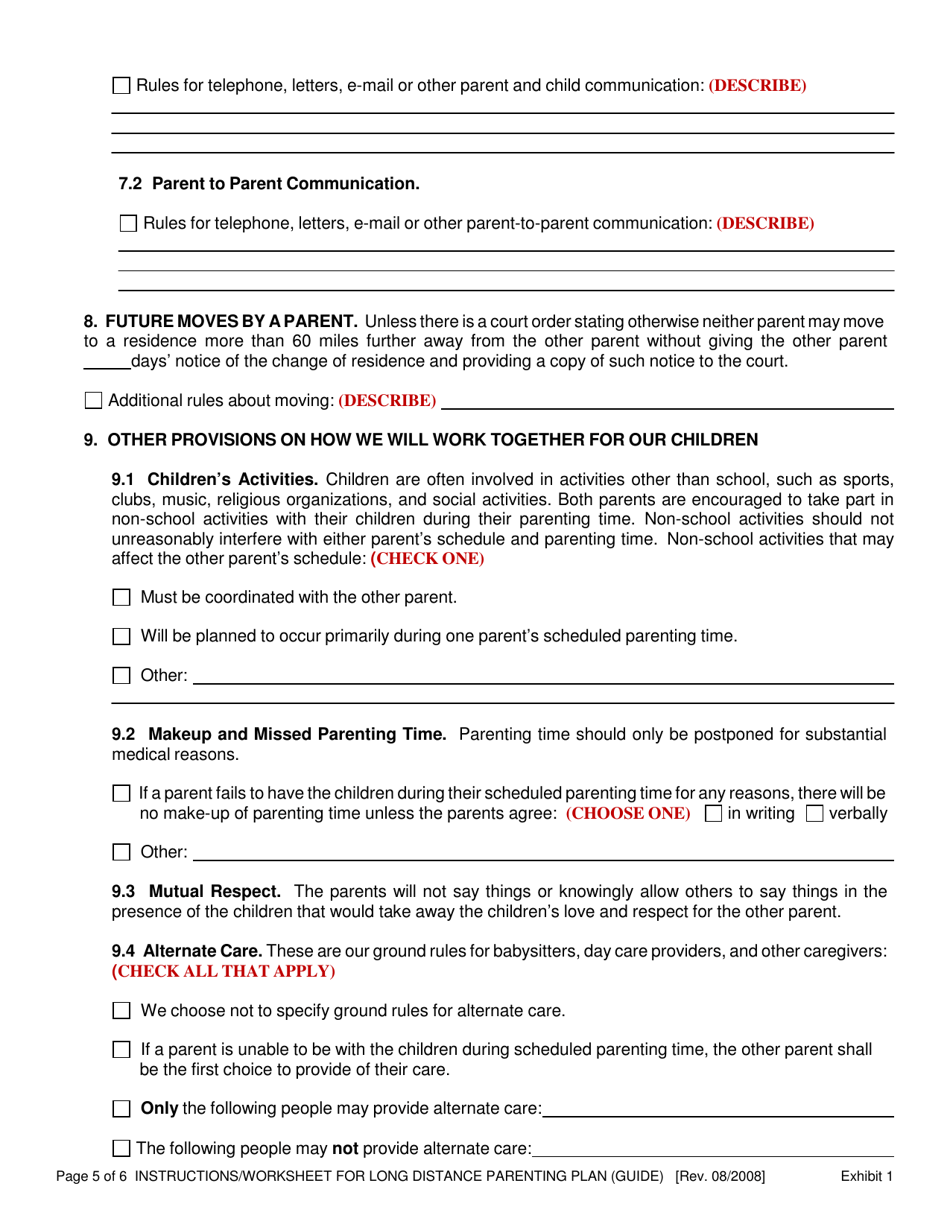 Download Instructions for Exhibit 1 Medium/Long Distance Parenting Plan