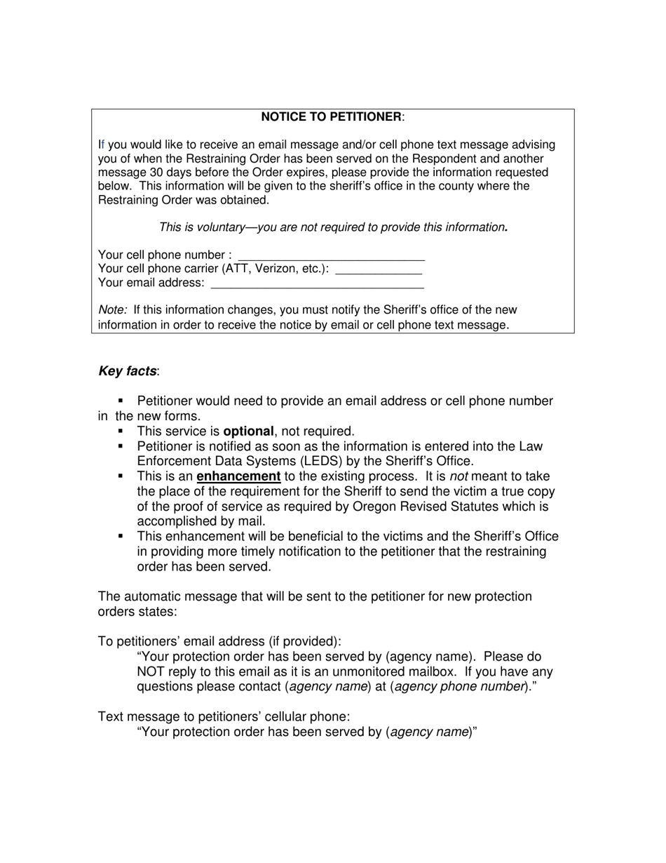 Fact Sheet Electronic Notification to Petitioner When Protection Orders Have Been Served and Prior Notification of Expiration - Oregon, Page 2