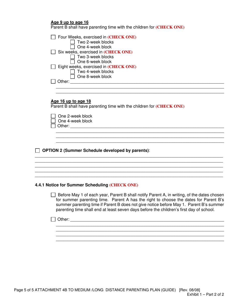 Attachment 4B Long Distance Schedule (Basic Parenting Plan Form) - Oregon, Page 5