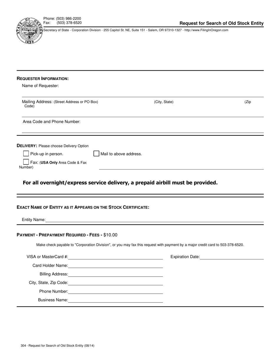 Form 304 Request for Search of Old Stock Entity - Oregon, Page 1