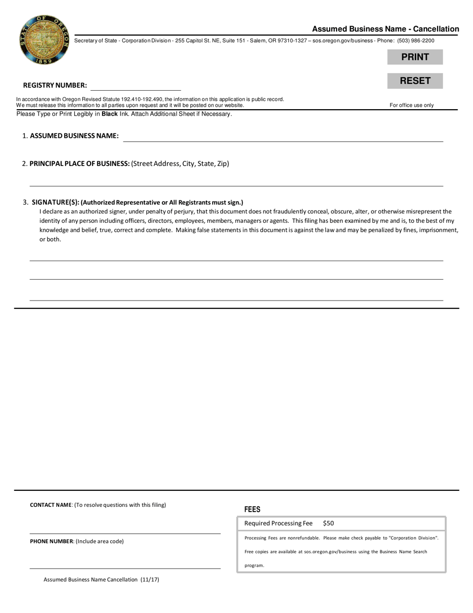 Assumed Business Name - Cancellation - Oregon, Page 1