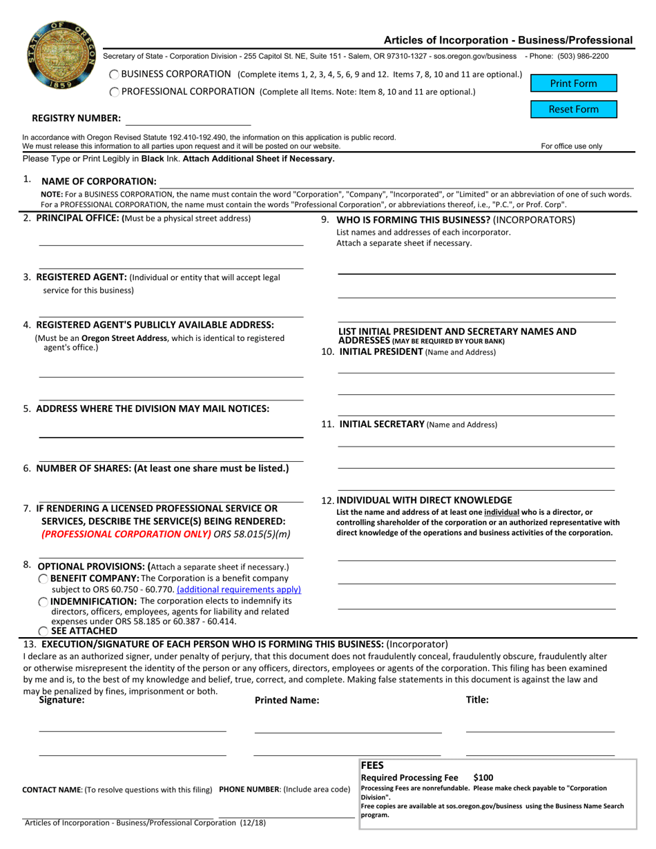 Articles of Incorporation - Business / Professional - Oregon, Page 1