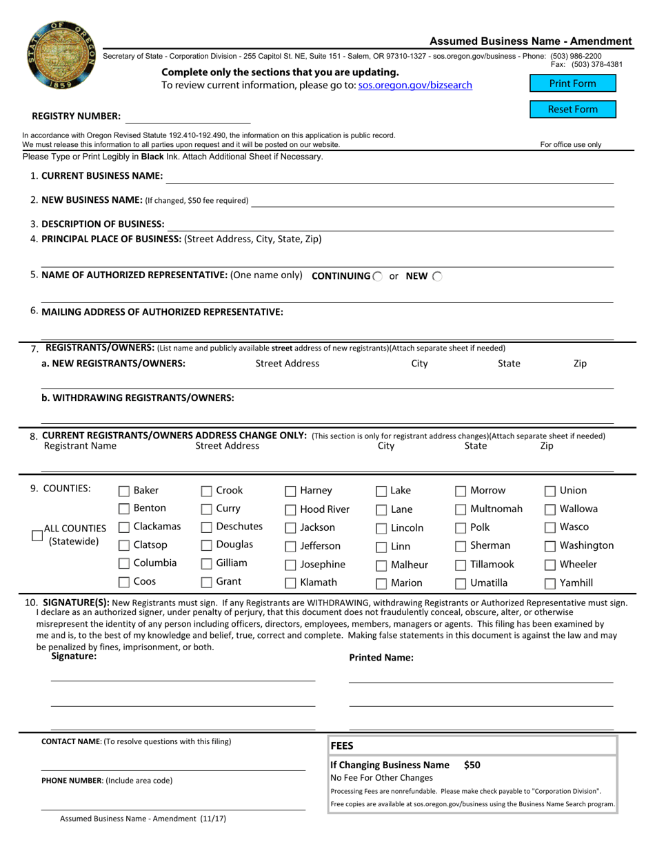 Oregon Assumed Business Name - Amendment - Fill Out, Sign Online and ...