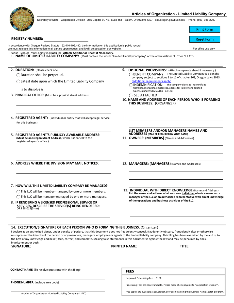 Articles of Organization - Limited Liability Company - Oregon, Page 1