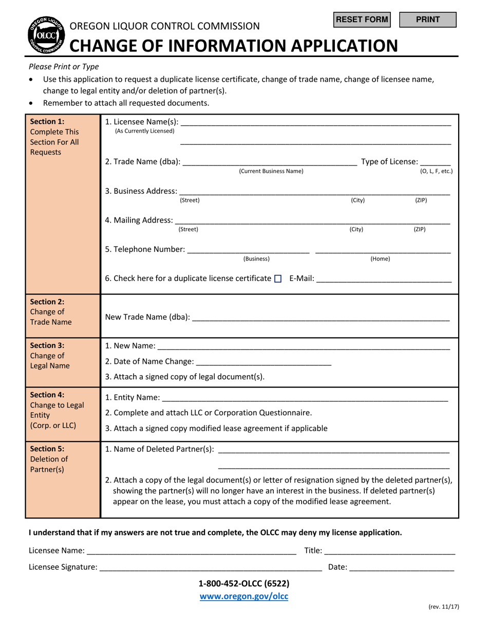 Change of Information Application - Oregon, Page 1