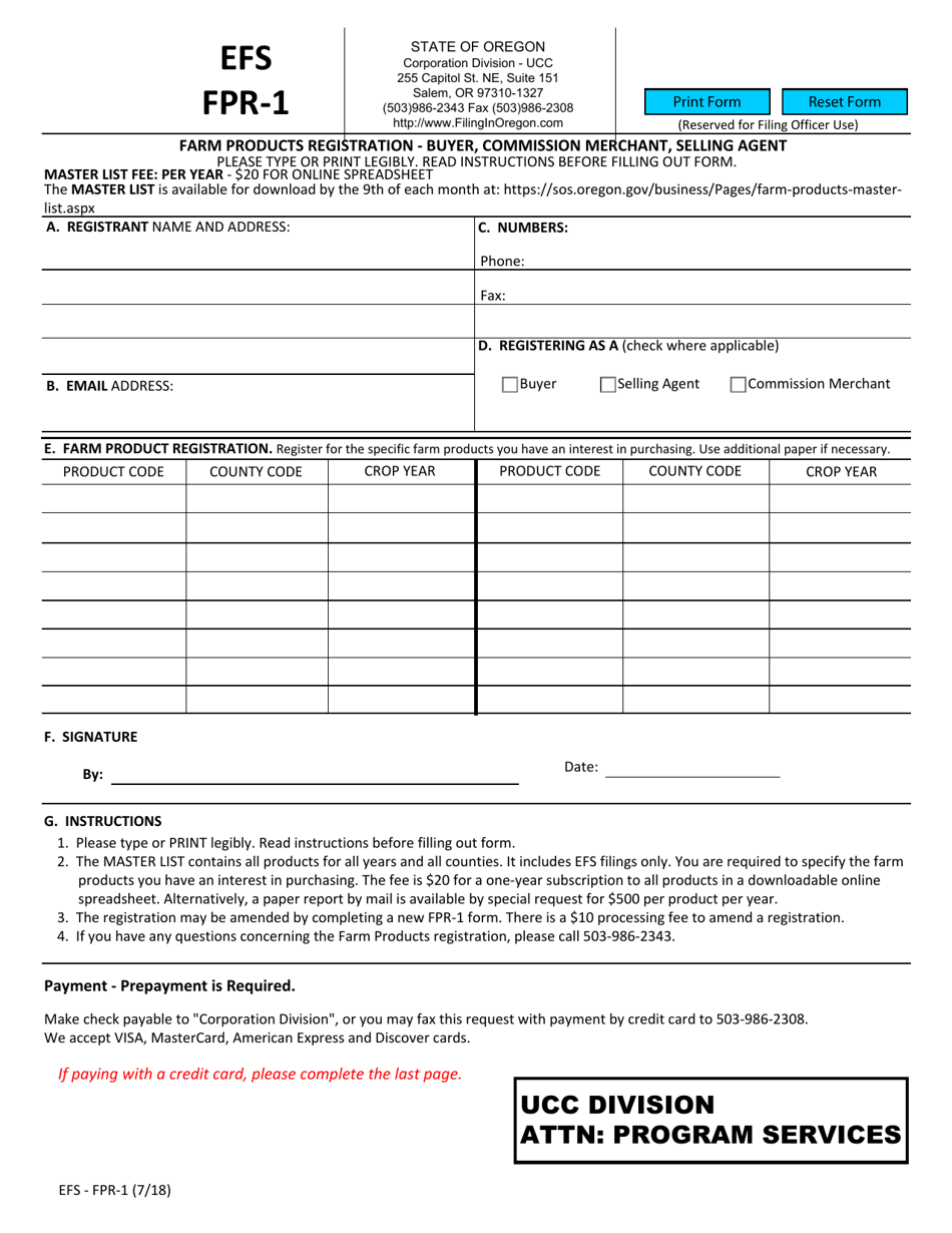 Form EFS-FPR-1 Farm Products Registration - Buyer, Commission Merchant, Selling Agent - Oregon, Page 1