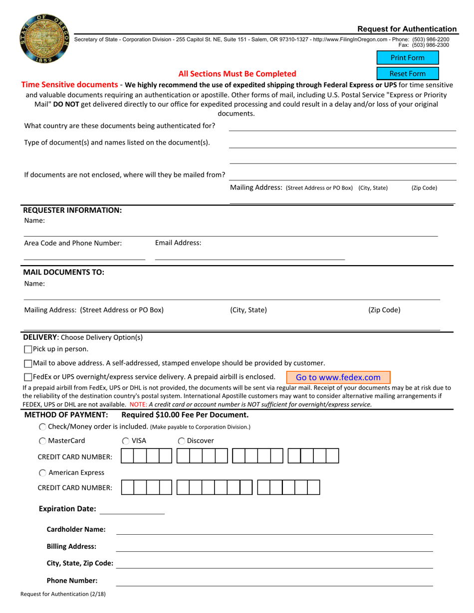 Request for Authentication - Oregon, Page 1