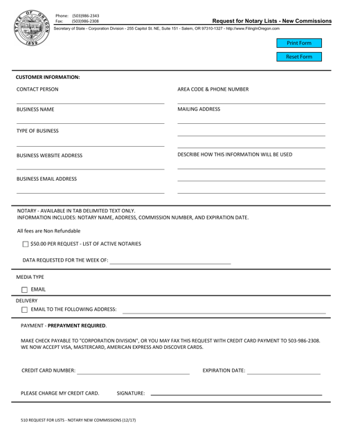 Form 510 Request for Notary Lists - New Commissions - Oregon