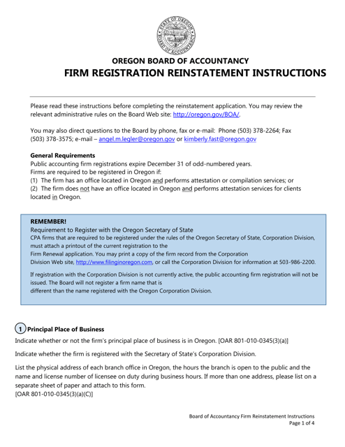 Firm Registration Reinstatement Form - Oregon Download Pdf