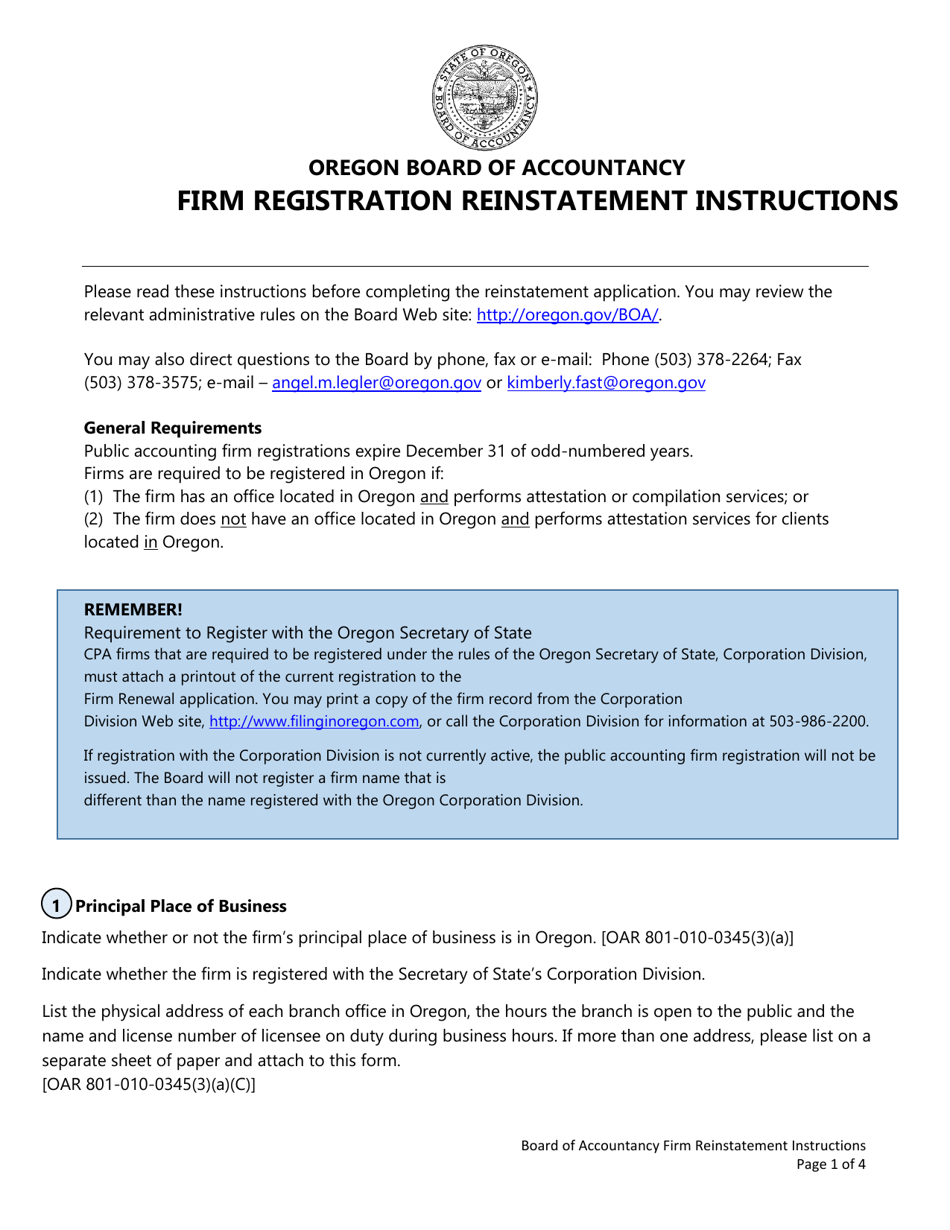 Firm Registration Reinstatement Form - Oregon, Page 1