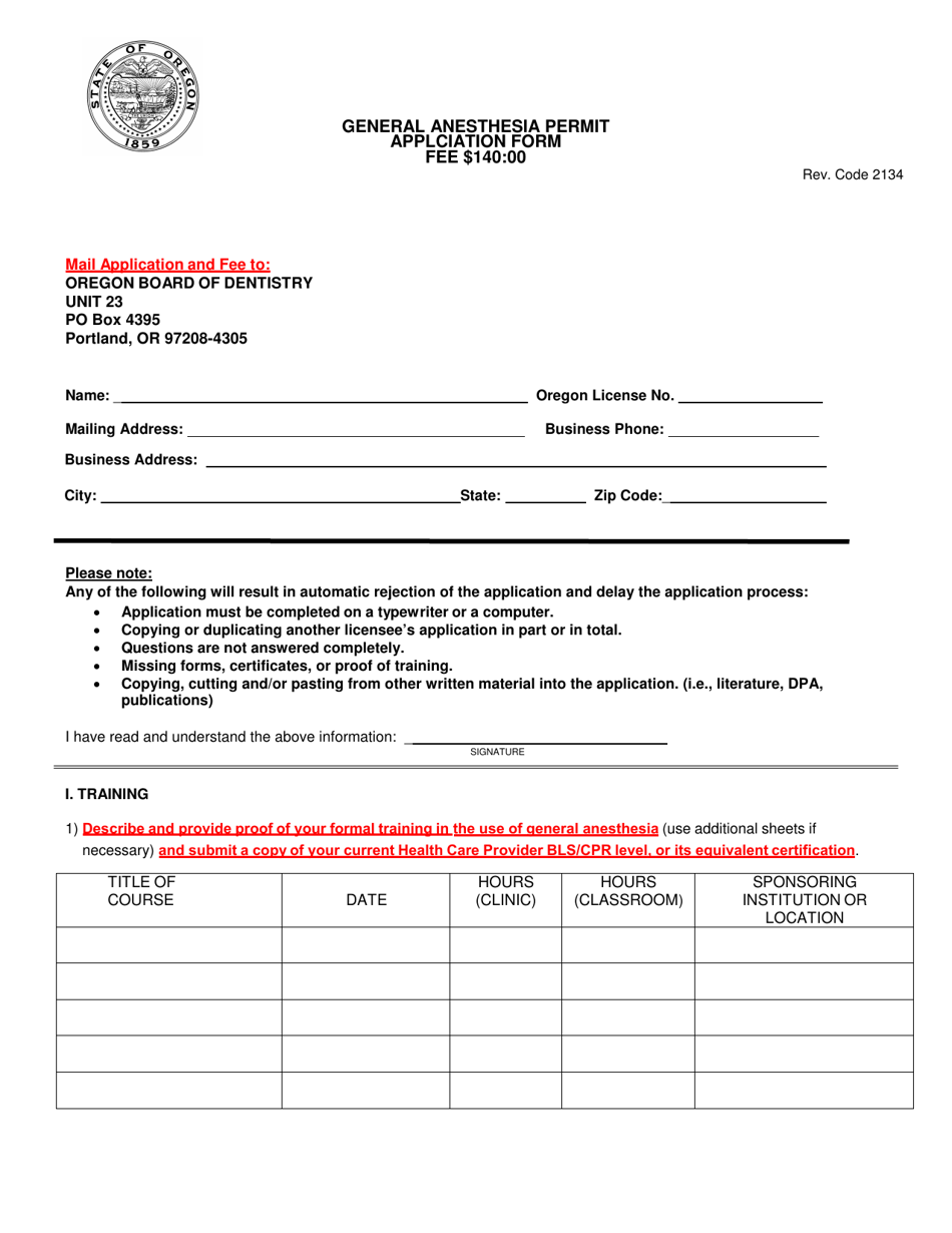 General Anesthesia Permit Applciation Form Fee $140:00 - Oregon, Page 3