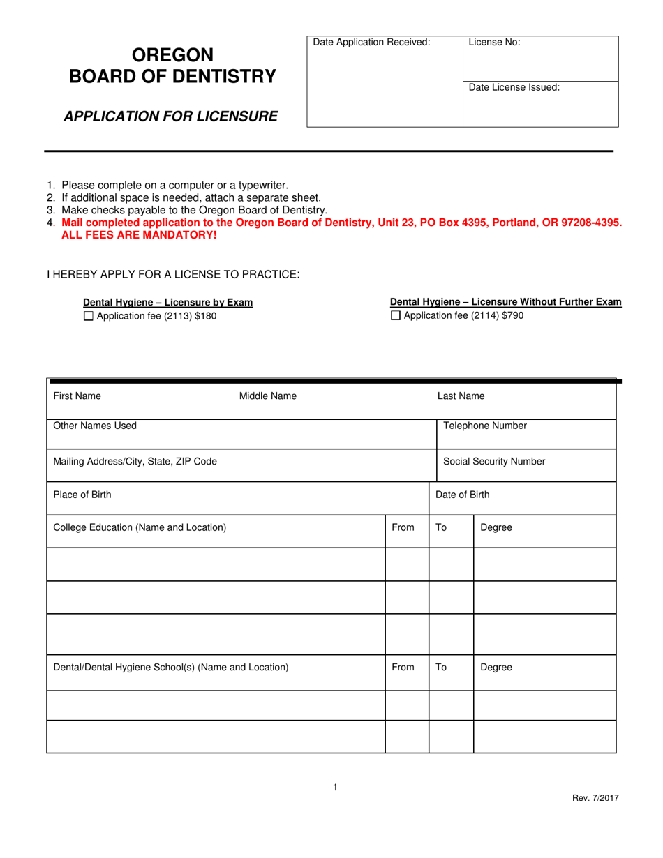 Application for Licensure - Oregon, Page 1