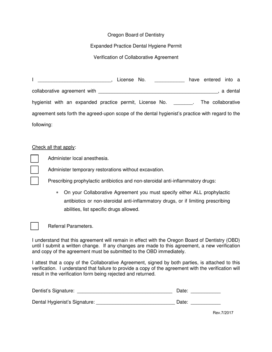 Expanded Practice Dental Hygiene Permit Verification of Collaborative Agreement - Oregon, Page 1