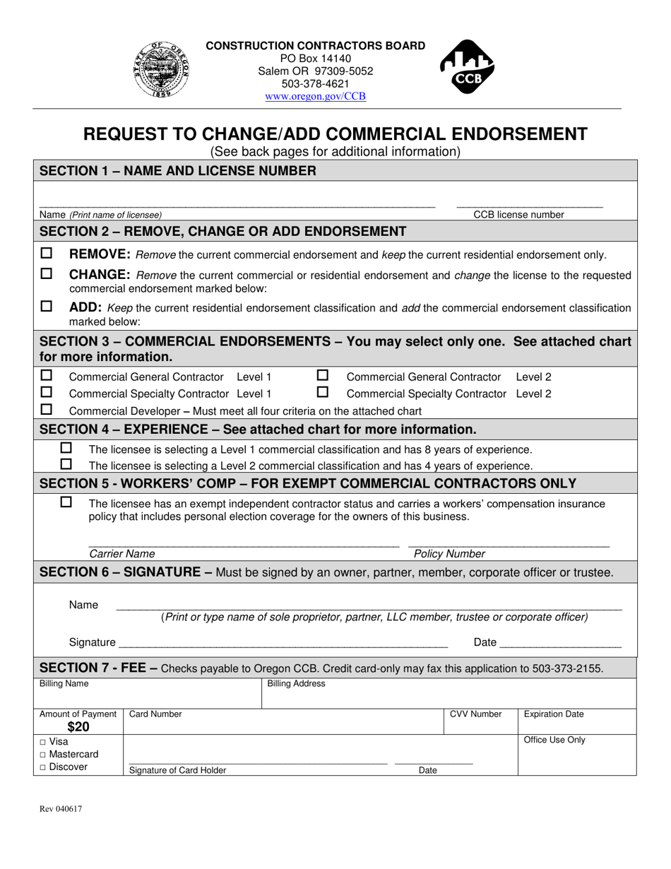 Oregon Request to Change/Add Commercial Endorsement Fill Out, Sign