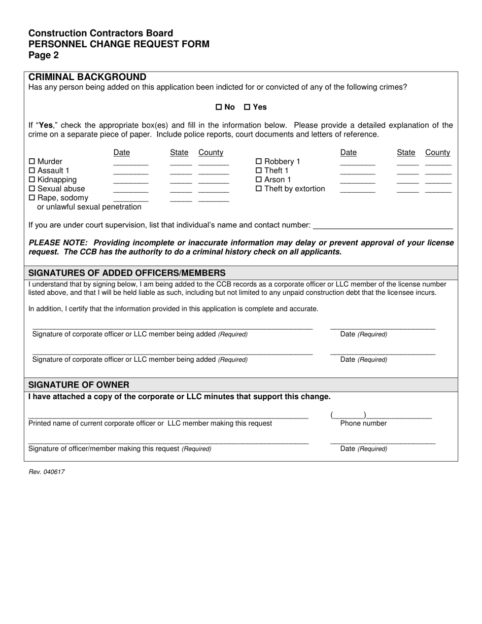 Personnel Change Request Form for Corporations and Limited Liability Companies - Oregon, Page 2