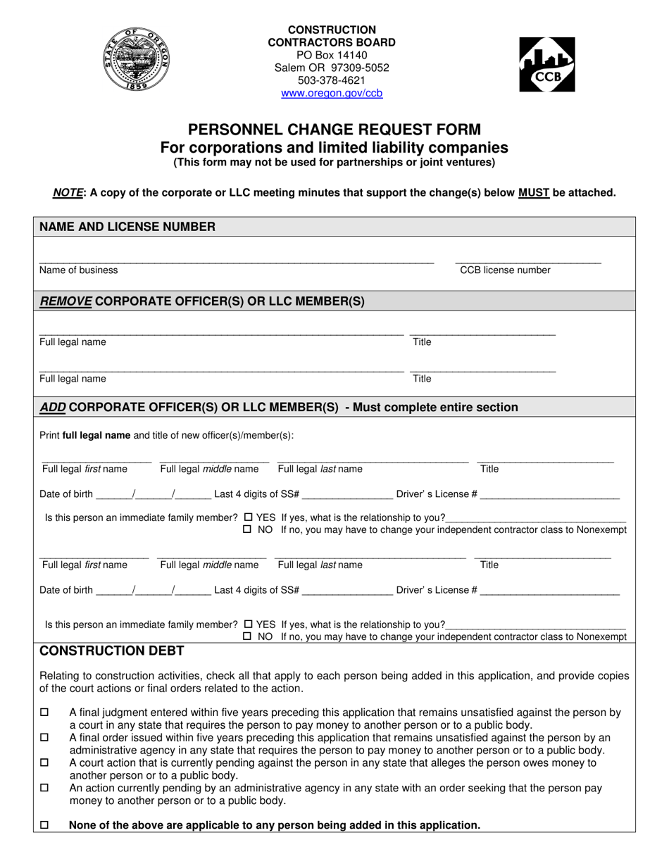 Oregon Personnel Change Request Form for Corporations and Limited Liability Companies Fill Out