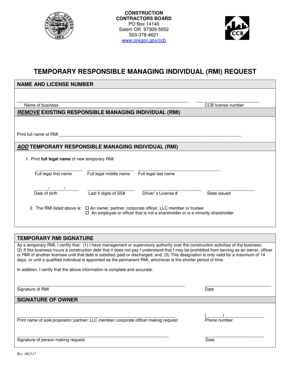 Temporary Responsible Managing Individual (Rmi) Request - Oregon, Page 1