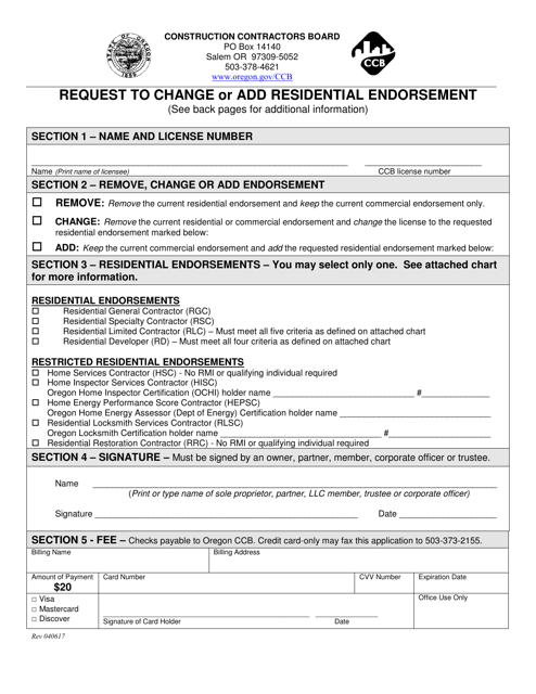 Request to Change or Add Residential Endorsement - Oregon Download Pdf