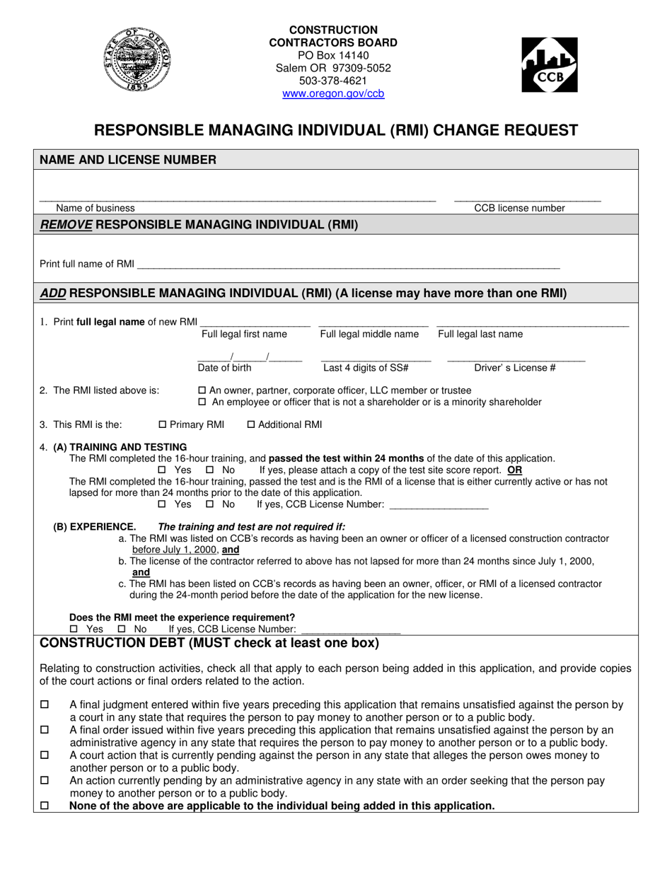 Responsible Managing Individual (Rmi) Change Request Form - Oregon, Page 1