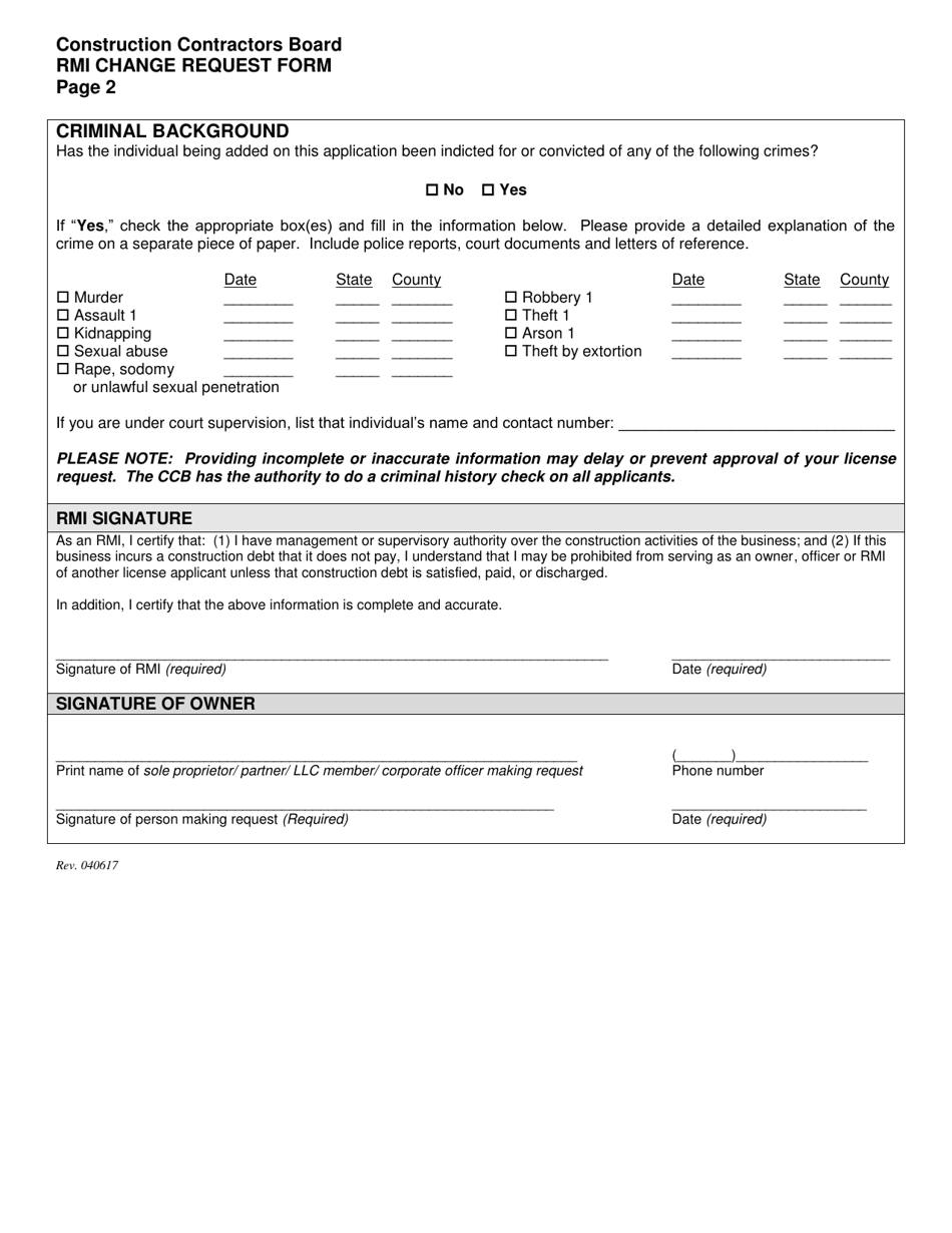 Responsible Managing Individual (Rmi) Change Request Form - Oregon, Page 2