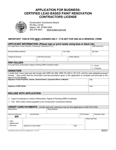 Form AO0215 Application for Business: Certified Lead Based Paint Renovation Contractors License - Oregon
