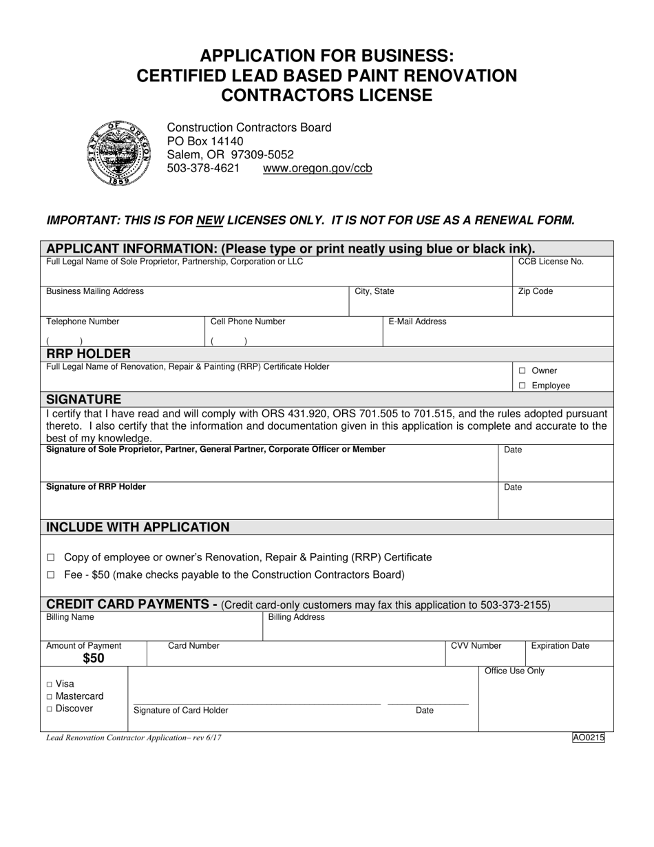 Form AO0215 Application for Business: Certified Lead Based Paint Renovation Contractors License - Oregon, Page 1