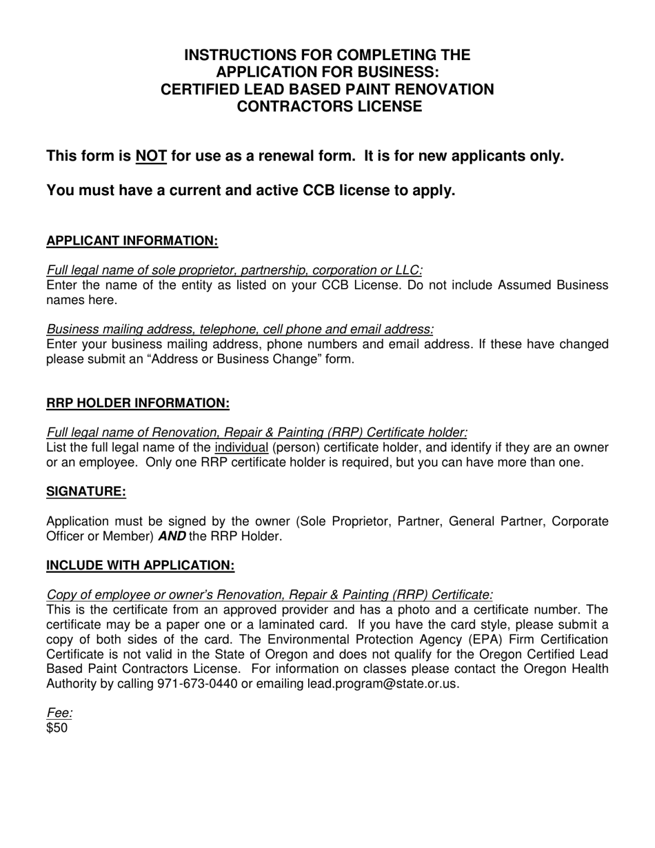 Form AO0215 Application for Business: Certified Lead Based Paint Renovation Contractors License - Oregon, Page 2