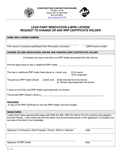 Lead Paint Renovation (Lbpr) License Request to Change or Add Rrp Certificate Holder - Oregon Download Pdf