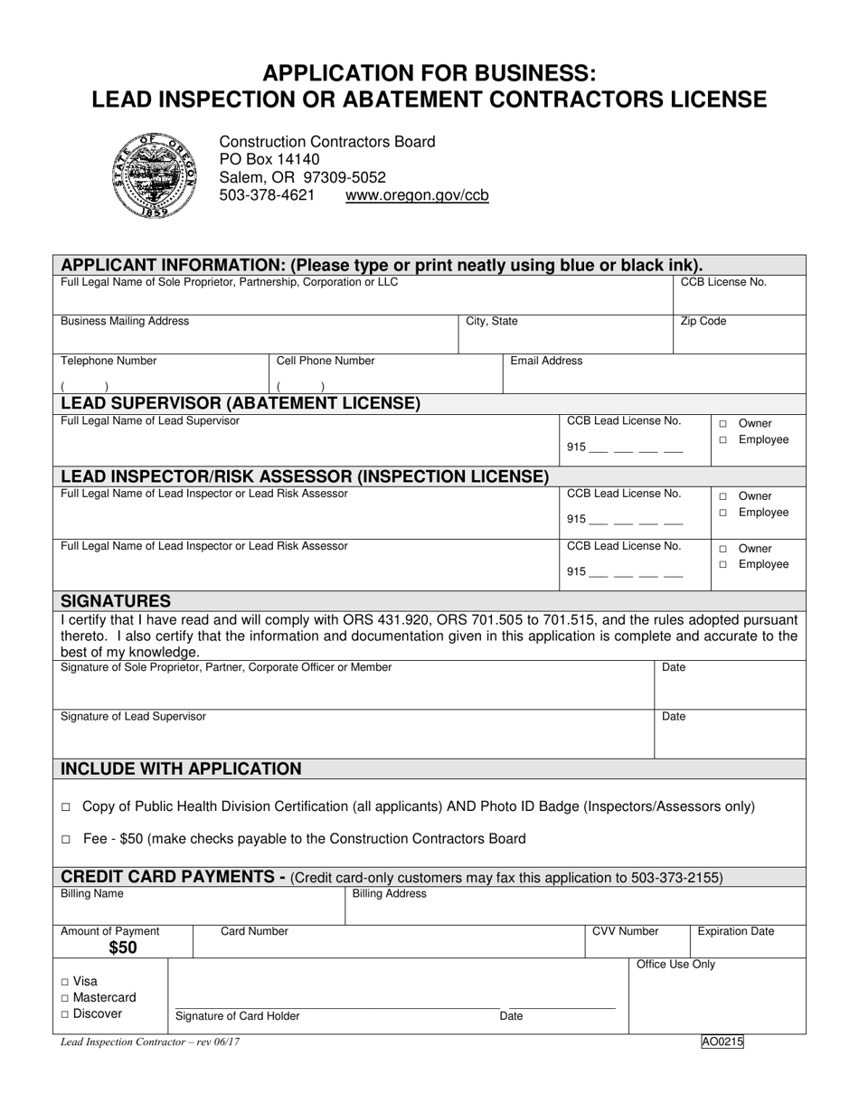 Form AO0215 Application for Business: Lead Inspection or Abatement Contractors License - Oregon, Page 1