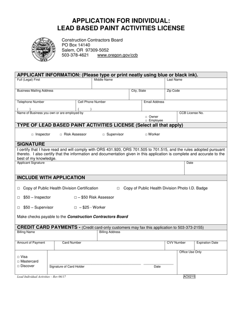 Application for Individual Lead Based Paint Activities License - Oregon