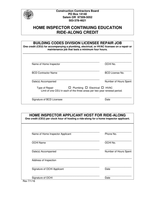 Home Inspector Continuing Education Ride-Along Credit Form - Oregon Download Pdf